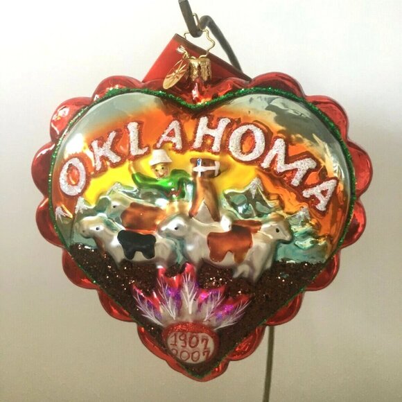 ✨ NEW Authentic Christopher Radko Love OKLAHOMA State Heart Shape Glass Ornament - Picture 4 of 8